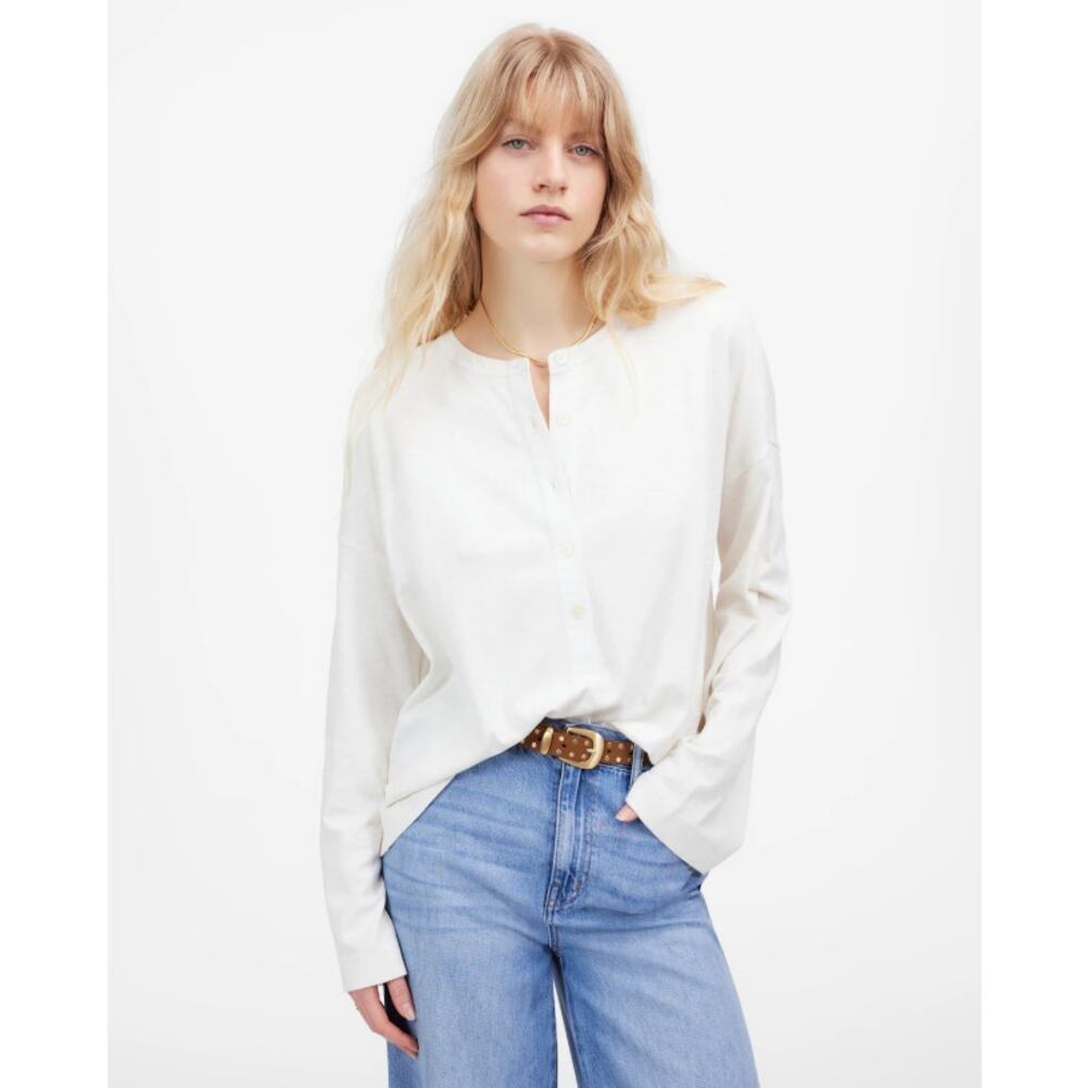 Madewell Relaxed Henley Long-Sleeve Tee WMNS S White Pullover Stretch Side Slit
